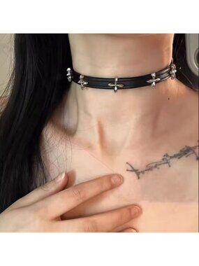 Faux Leather Choker Necklace with Silver Tone Flower Charms Gothic Witchy